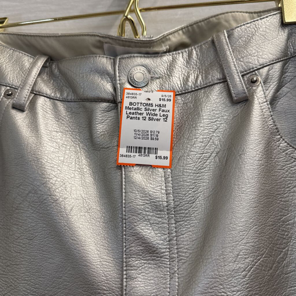 Metallic Silver Faux Leather Wide Leg Pants 12