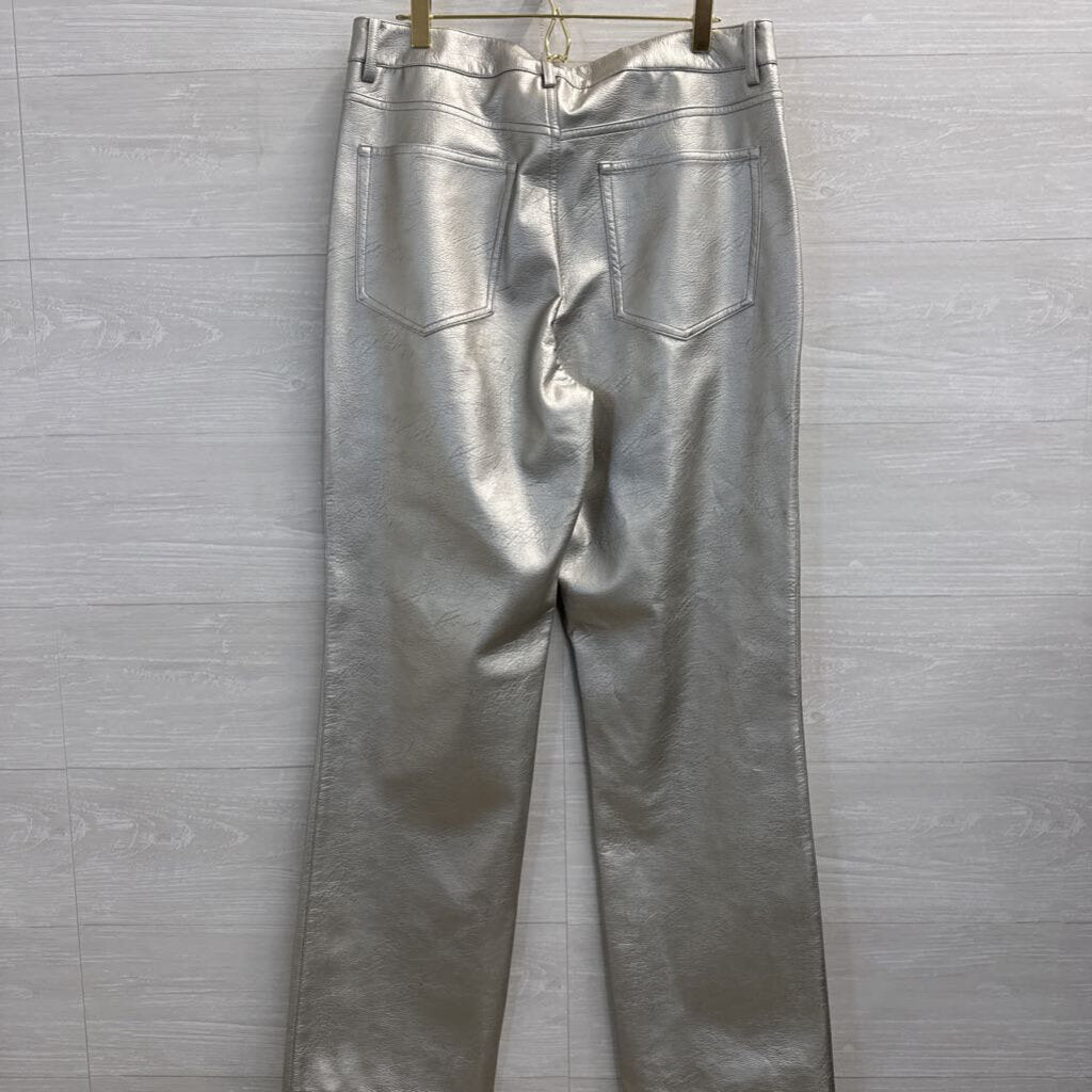 Metallic Silver Faux Leather Wide Leg Pants 12