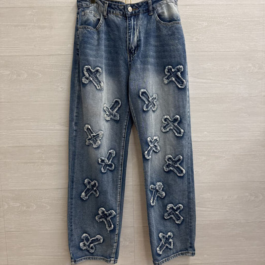 Medium Wash Embroidered Frayed Cross Wide Leg Jeans Large