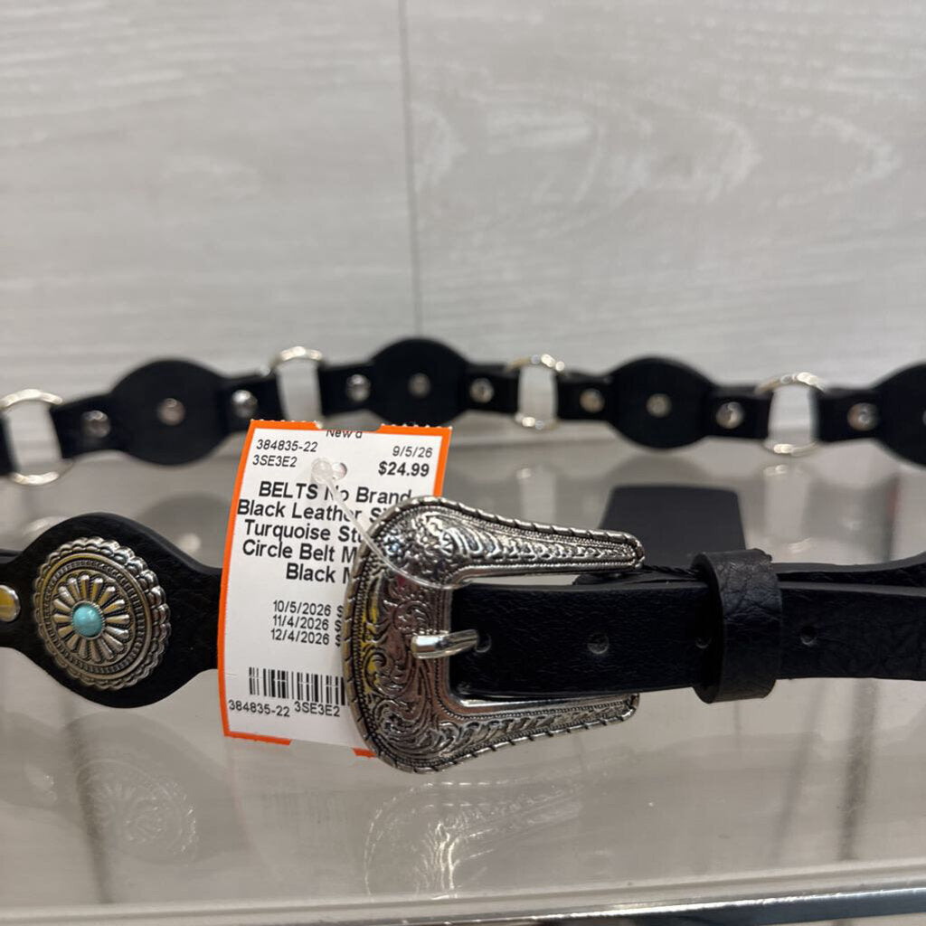 Black Leather Silver/ Turquoise Studded Circle Belt Medium