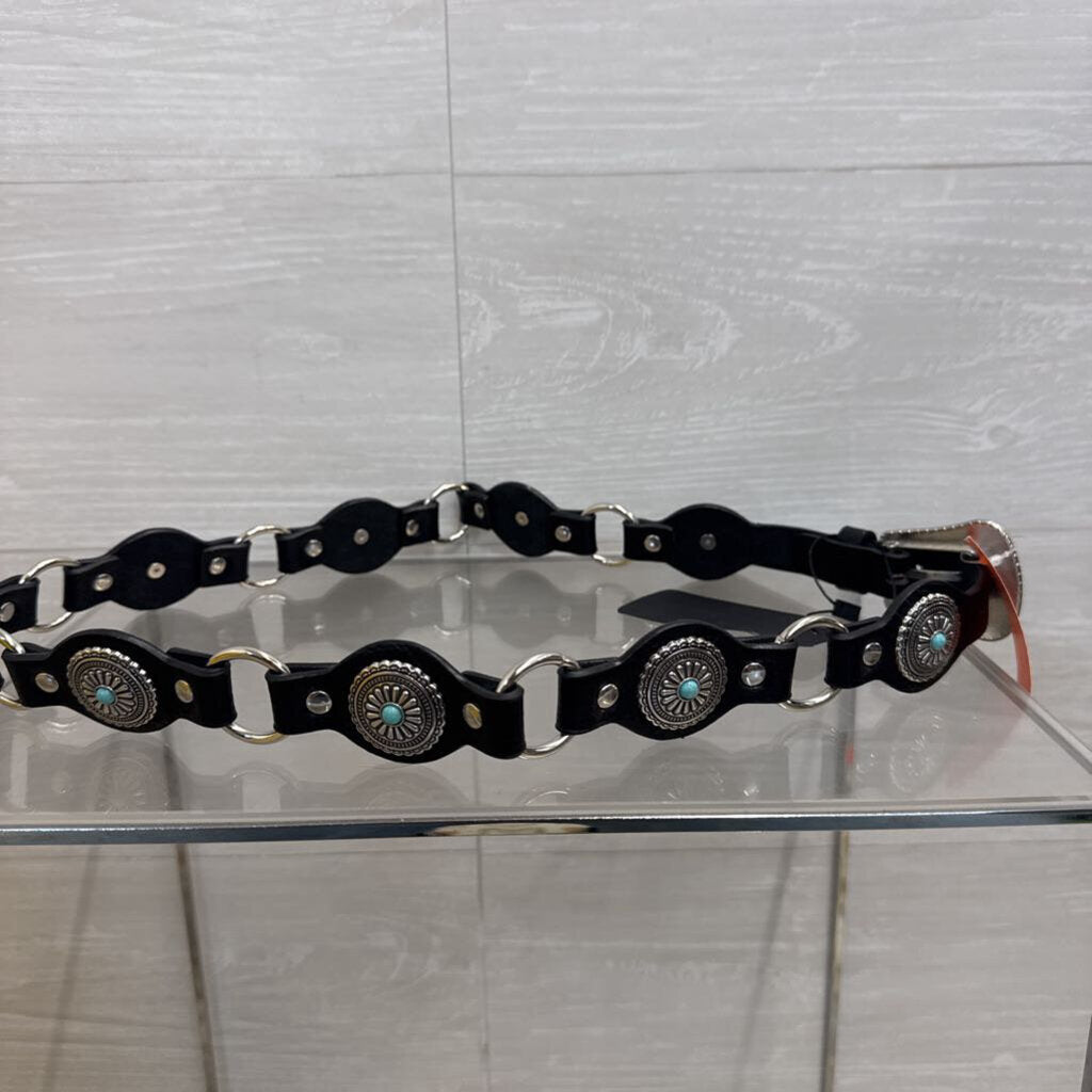Black Leather Silver/ Turquoise Studded Circle Belt Medium