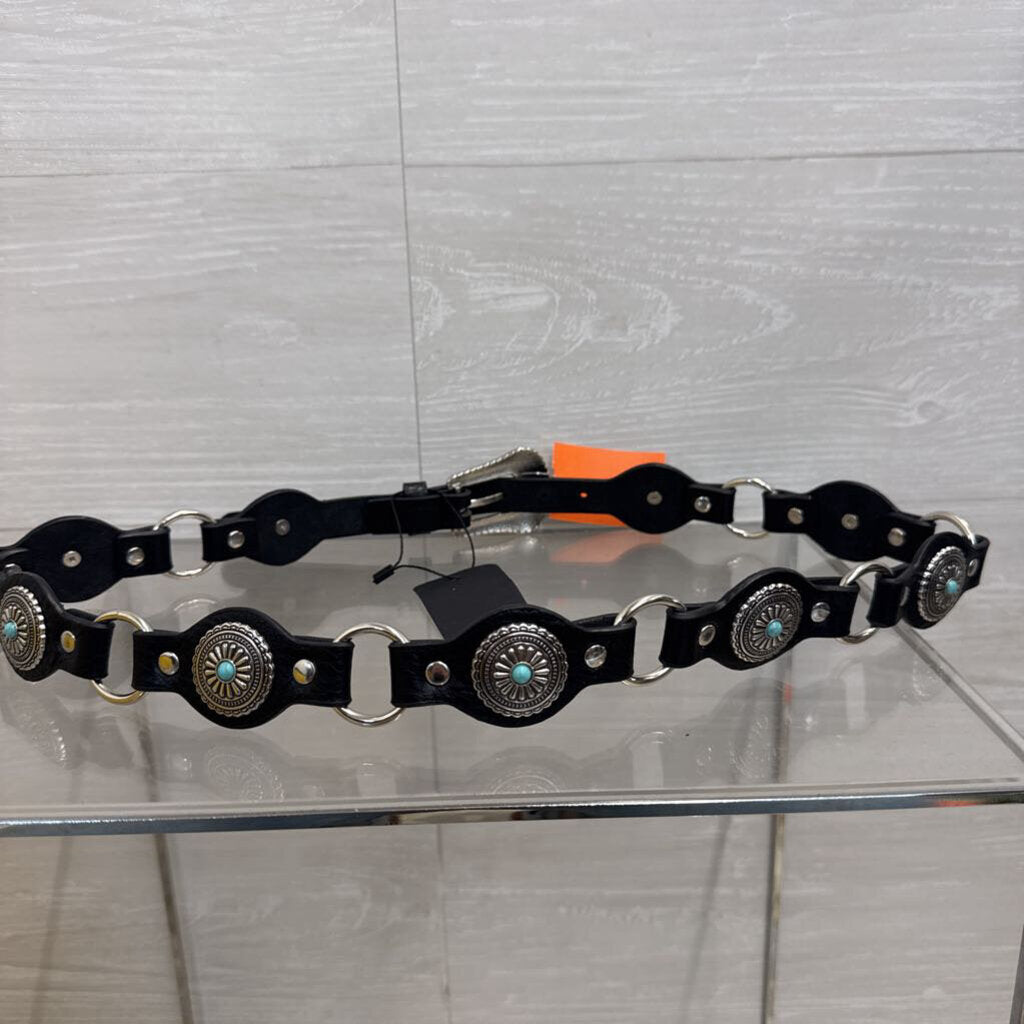 Black Leather Silver/ Turquoise Studded Circle Belt Medium