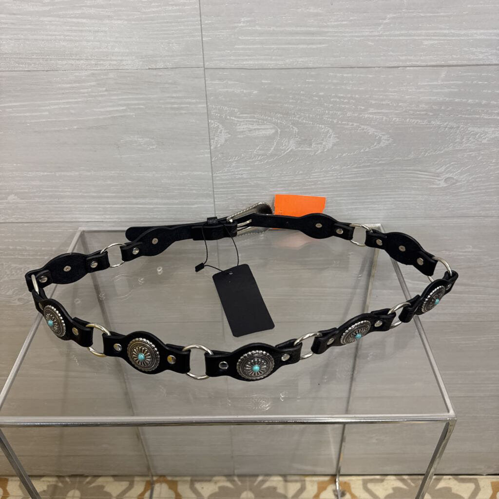 Black Leather Silver/ Turquoise Studded Circle Belt Medium