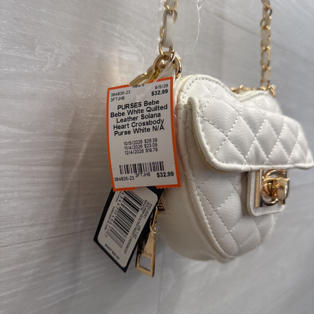 Bebe White Quilted Leather Solana Heart Crossbody Purse