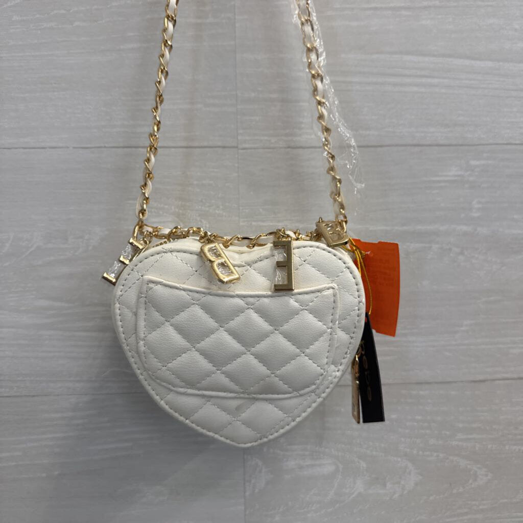 Bebe White Quilted Leather Solana Heart Crossbody Purse
