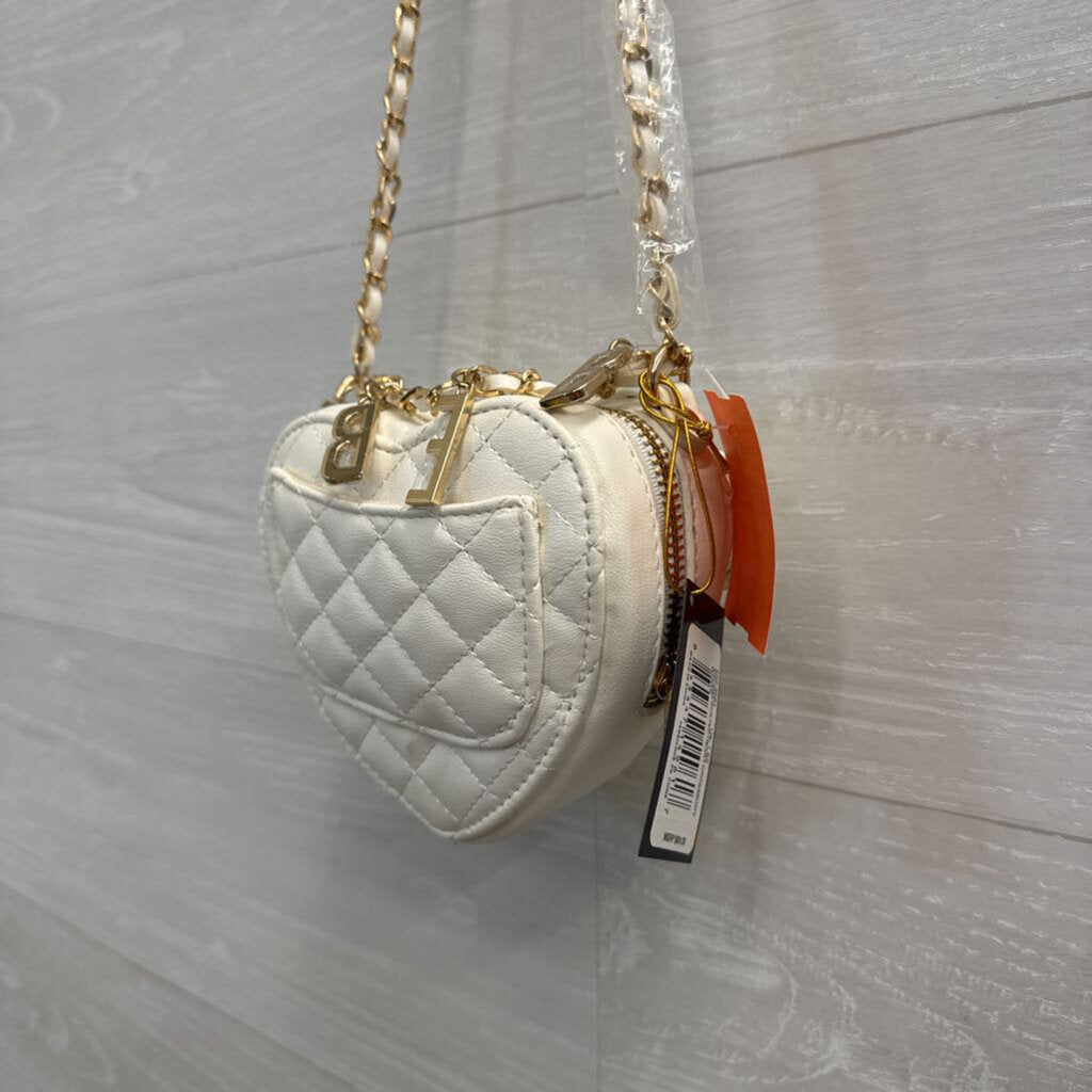 Bebe White Quilted Leather Solana Heart Crossbody Purse