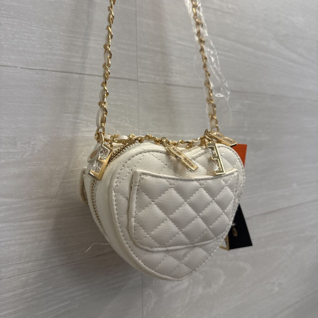 Bebe White Quilted Leather Solana Heart Crossbody Purse