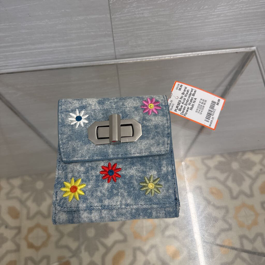 Blue Acid Wash Denim Embroidered Flower Wallet