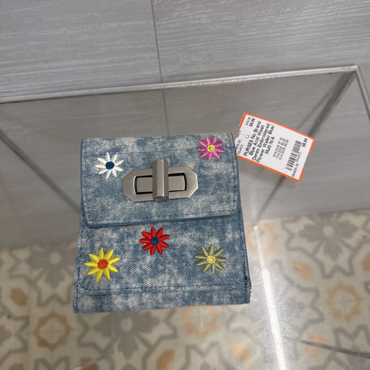Blue Acid Wash Denim Embroidered Flower Wallet