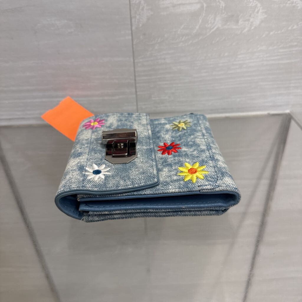 Blue Acid Wash Denim Embroidered Flower Wallet