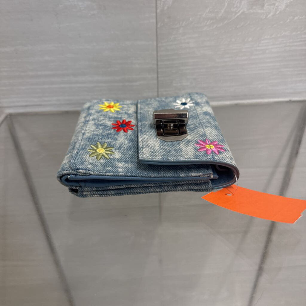 Blue Acid Wash Denim Embroidered Flower Wallet
