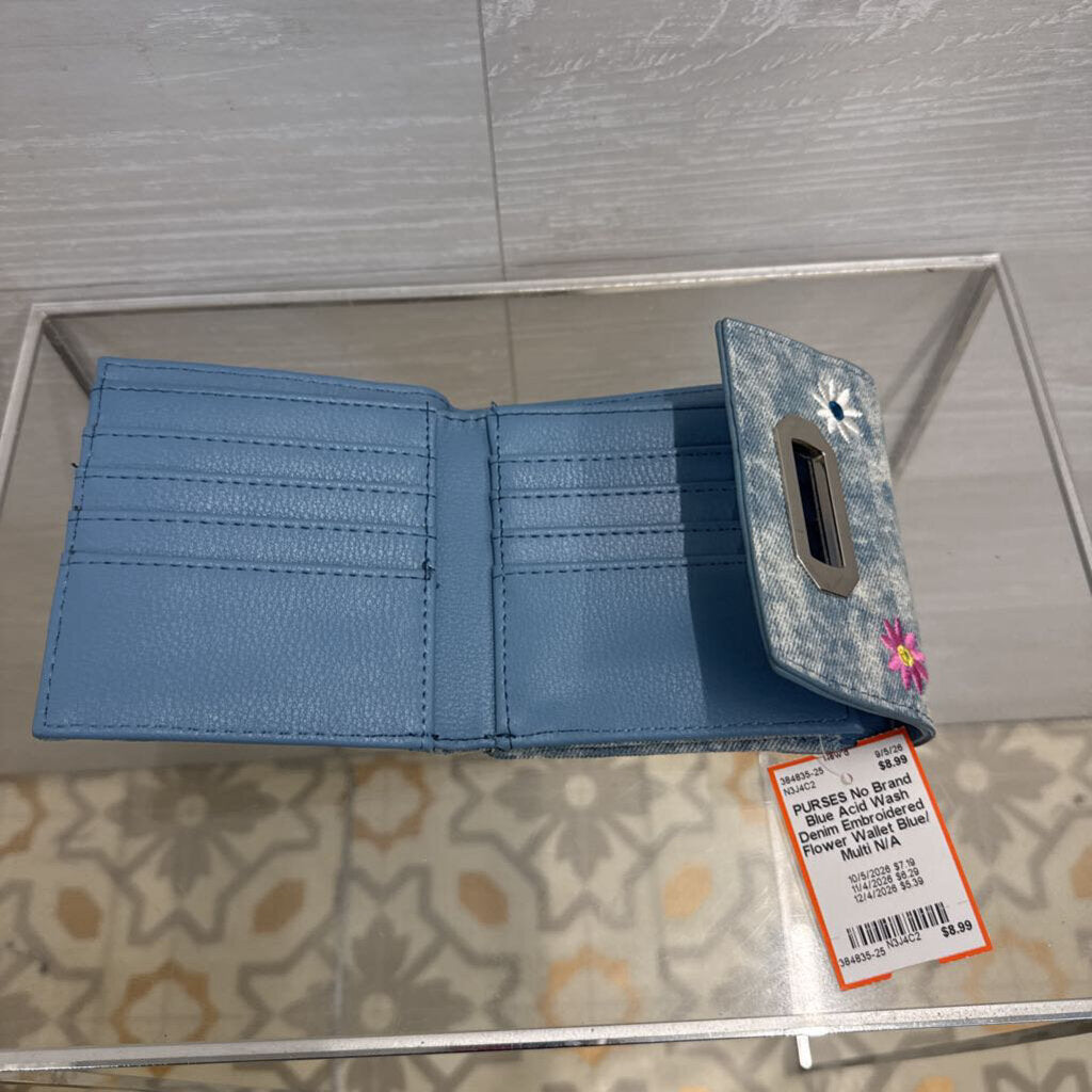Blue Acid Wash Denim Embroidered Flower Wallet