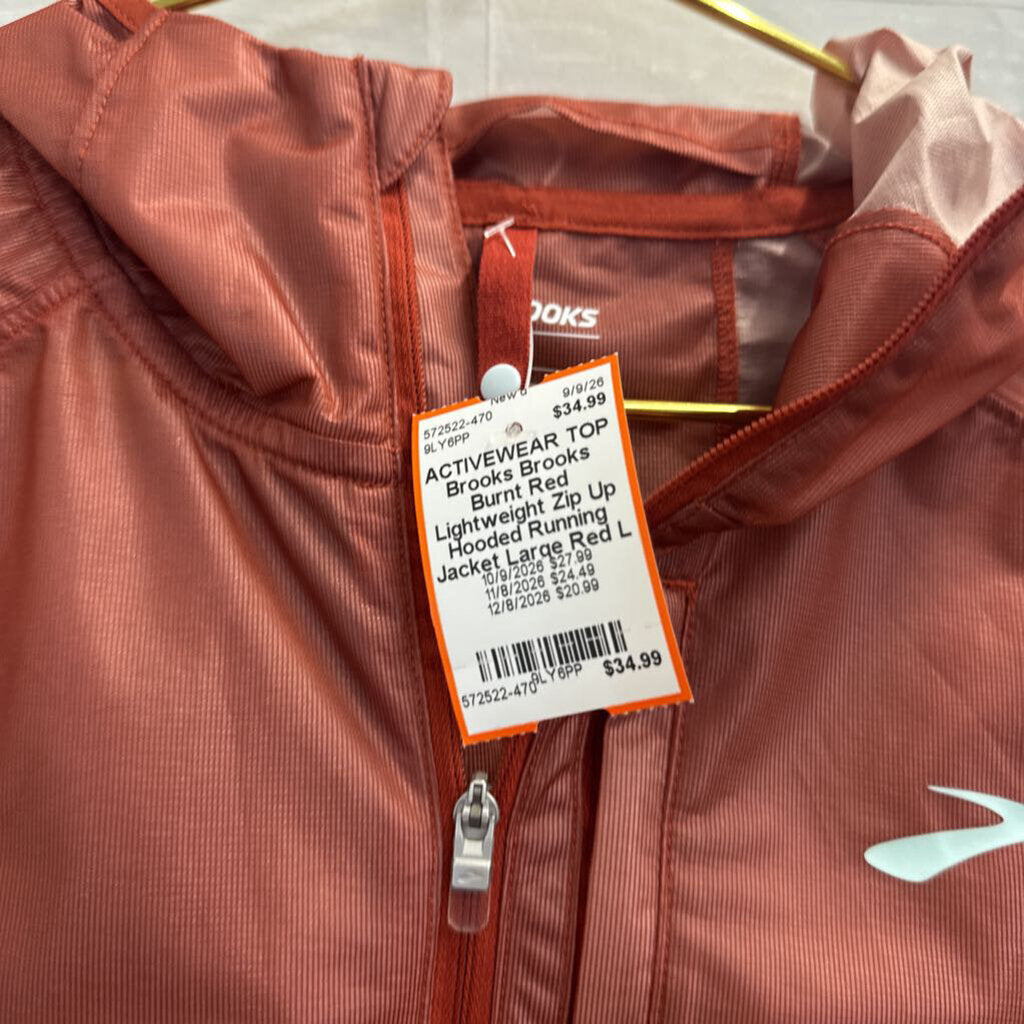 Brooks Burnt Red Lightweight Zip Up Hooded Running Jacket Large