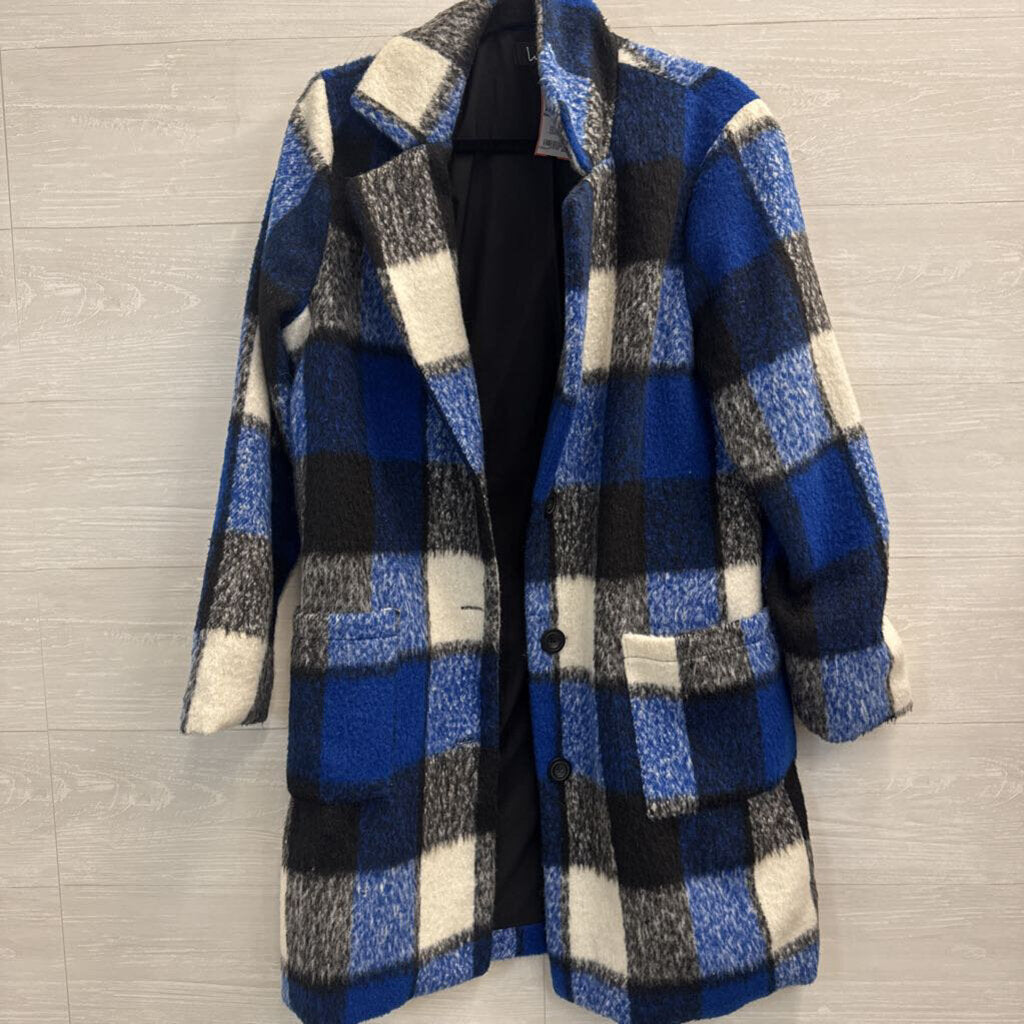 Lulus Blue/ White Plaid Long Jacket Medium