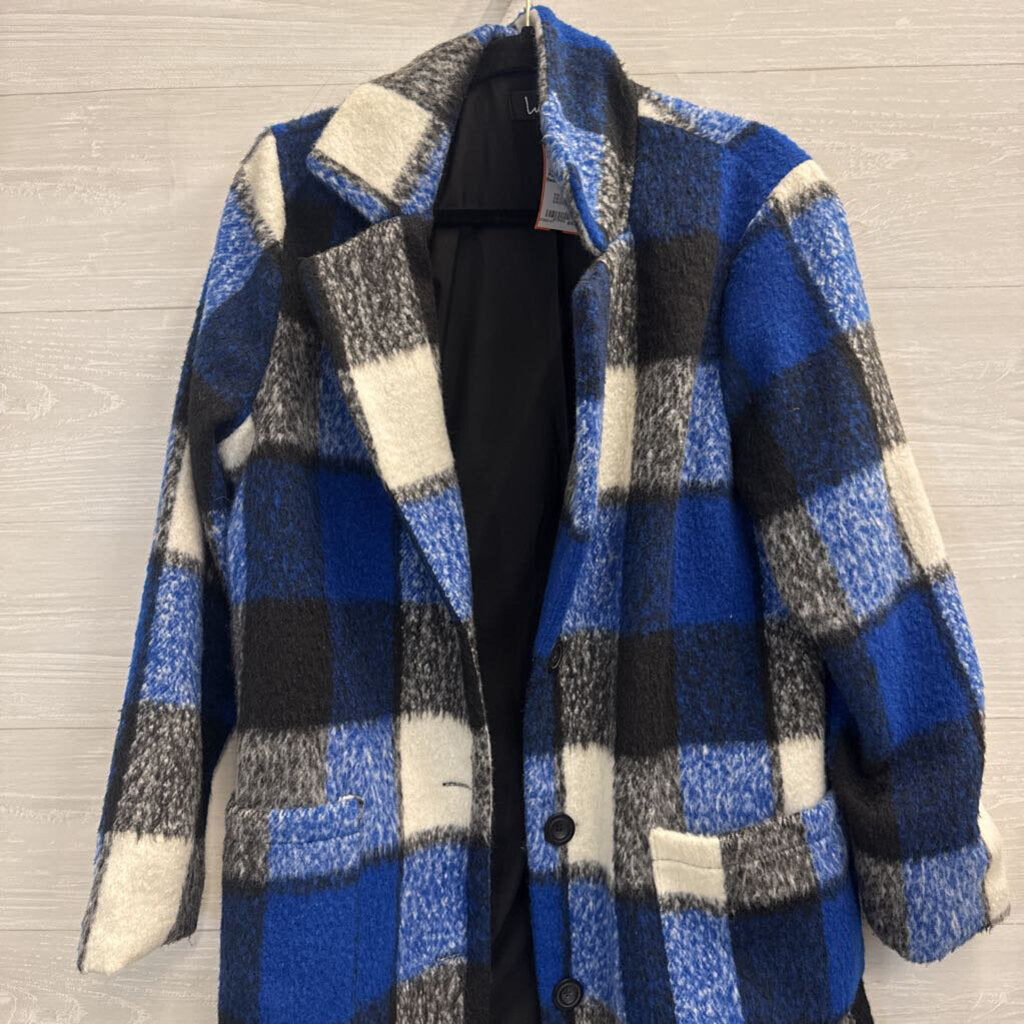 Lulus Blue/ White Plaid Long Jacket Medium