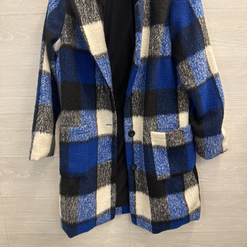 Lulus Blue/ White Plaid Long Jacket Medium