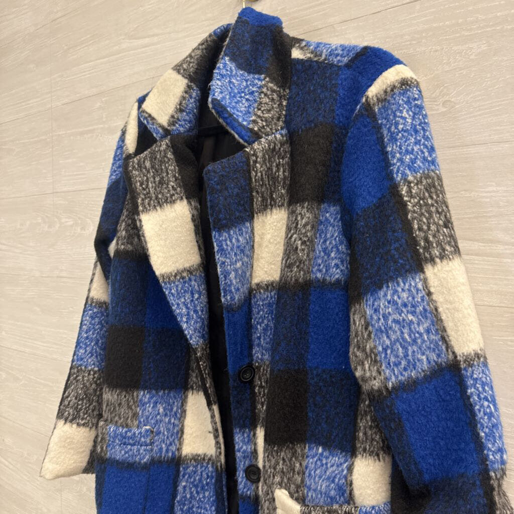 Lulus Blue/ White Plaid Long Jacket Medium
