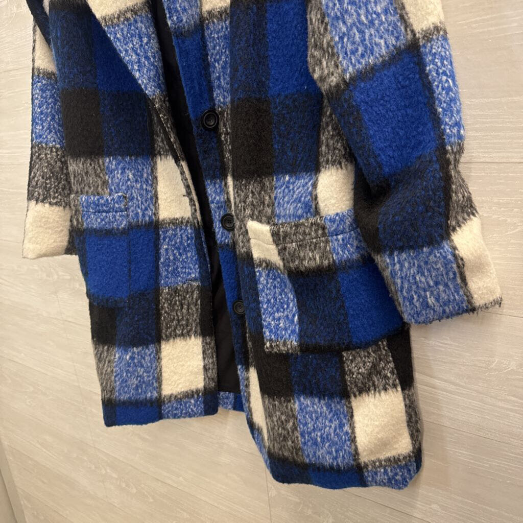 Lulus Blue/ White Plaid Long Jacket Medium