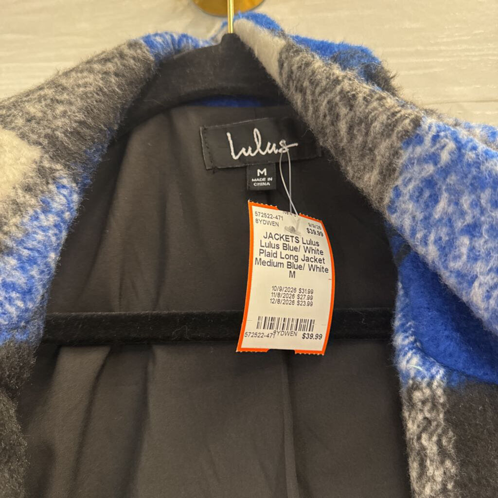 Lulus Blue/ White Plaid Long Jacket Medium