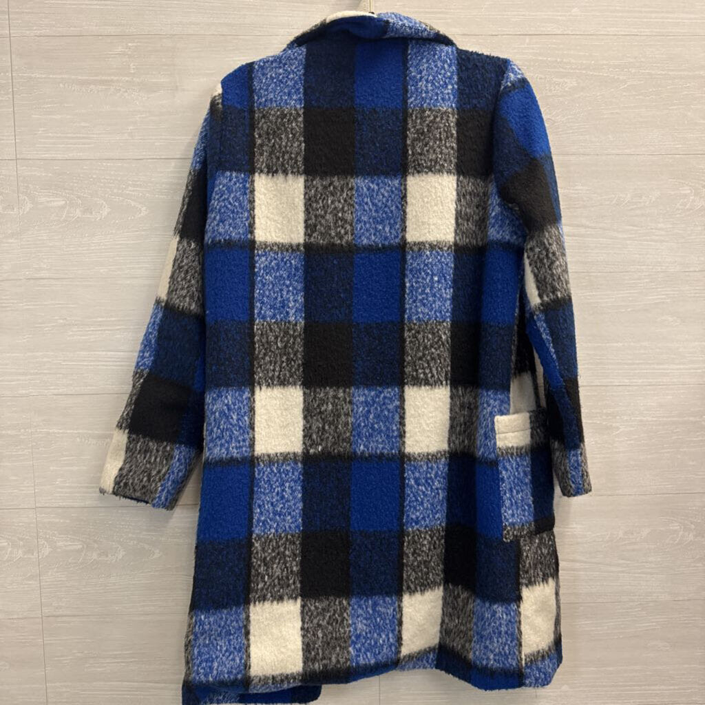 Lulus Blue/ White Plaid Long Jacket Medium