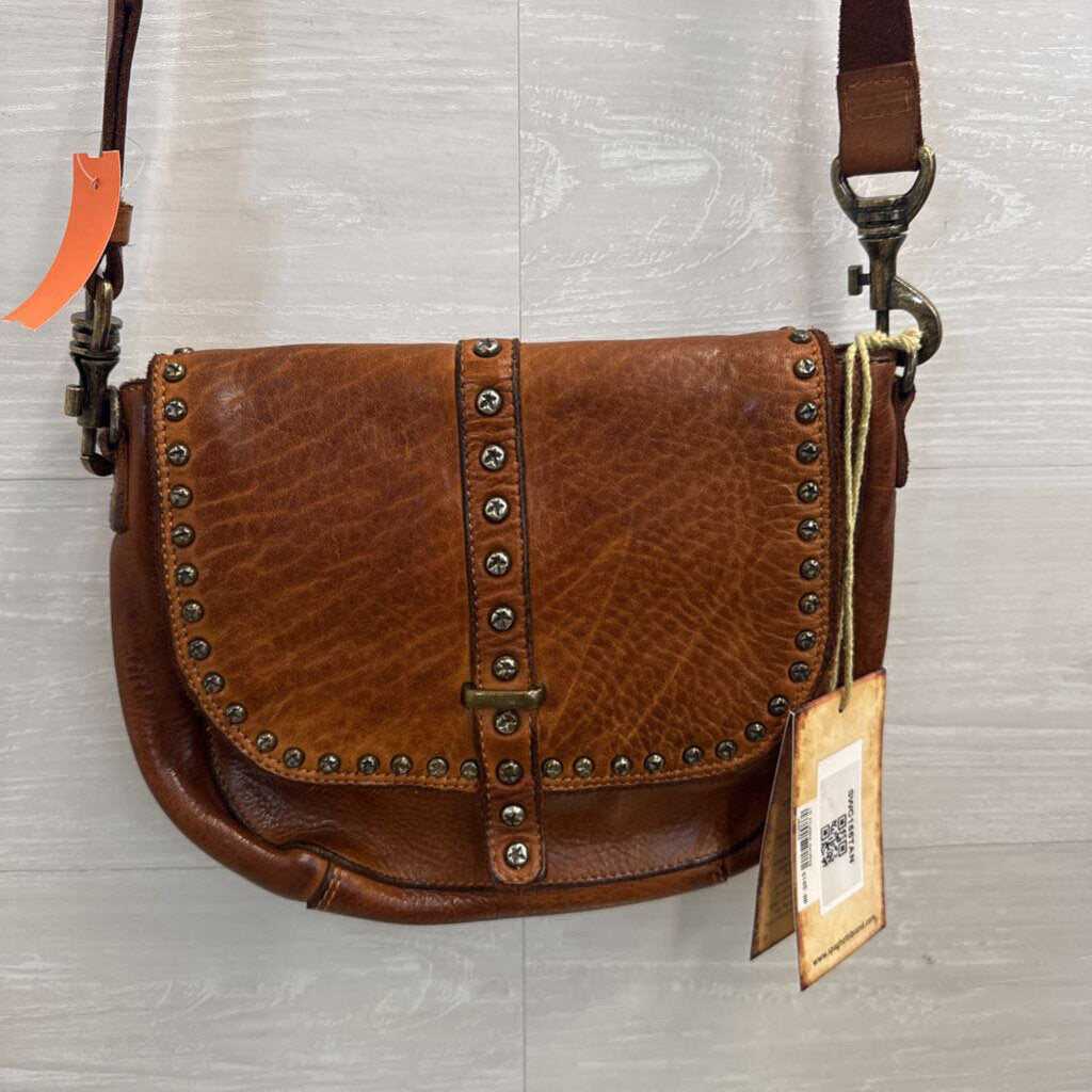 Spaghetti Western Tan Studded Leather Saddle Crossbody Bag