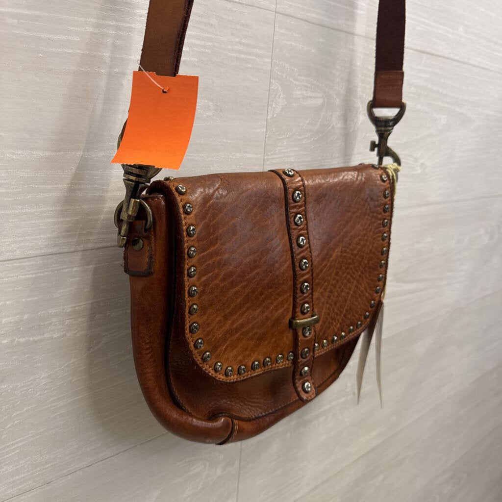 Spaghetti Western Tan Studded Leather Saddle Crossbody Bag