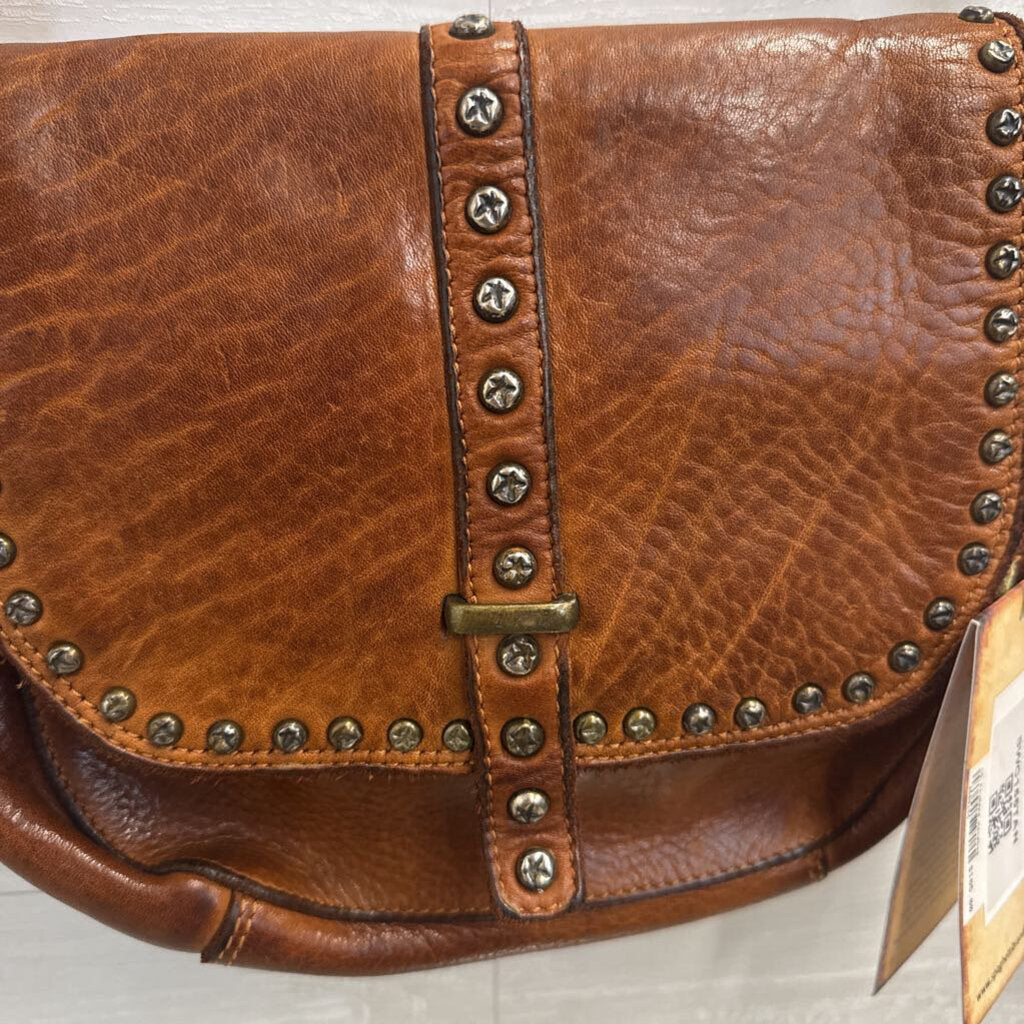 Spaghetti Western Tan Studded Leather Saddle Crossbody Bag