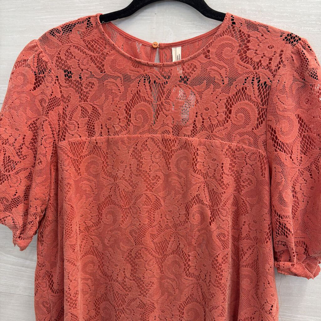 Anthropologie Orange Lace Short Sleeve Top Medium