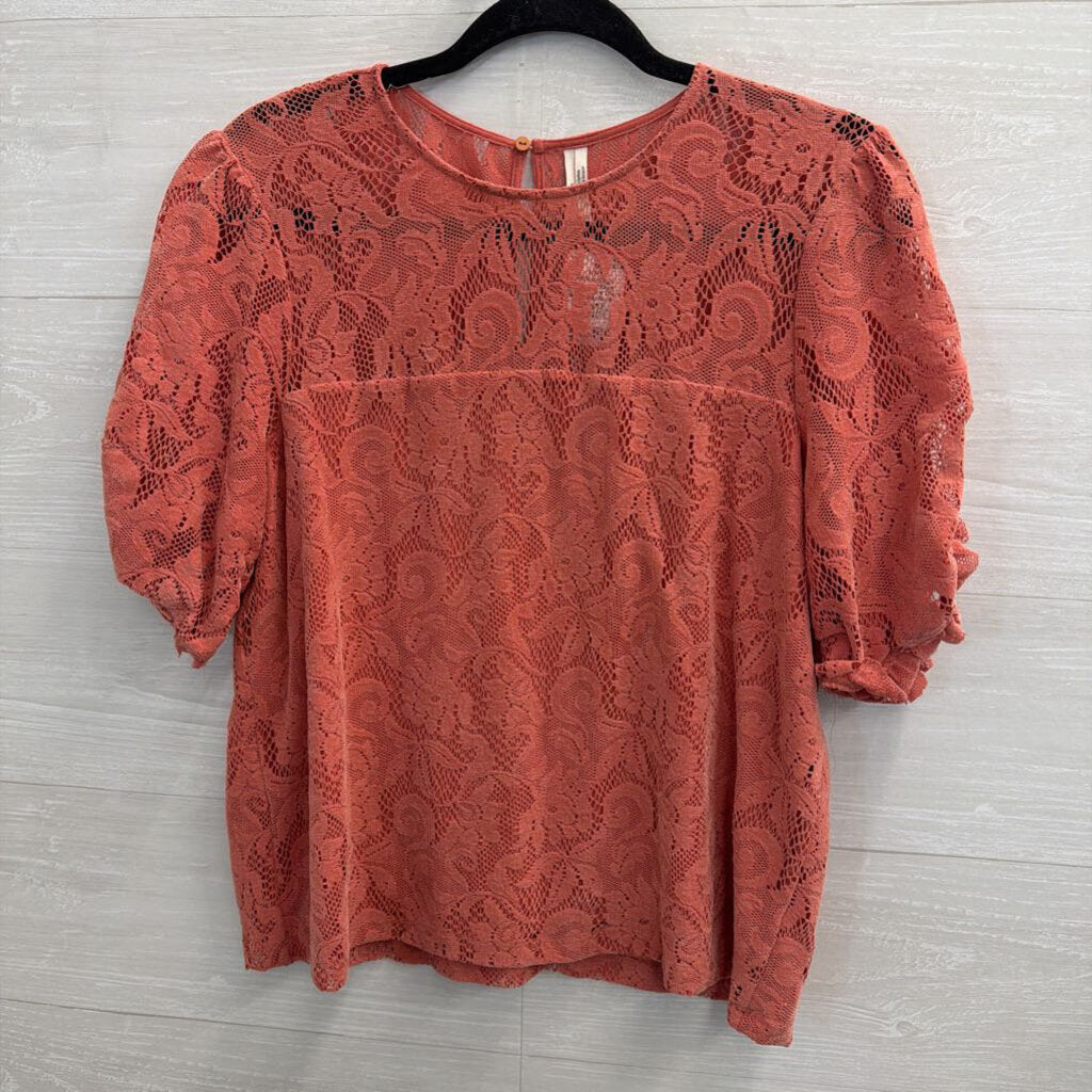 Anthropologie Orange Lace Short Sleeve Top Medium