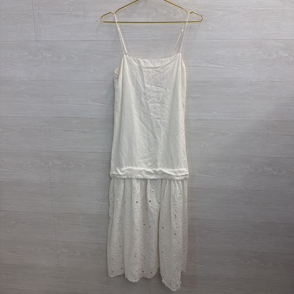 Mon Renn White Eyelet Hem Midi Dress Small