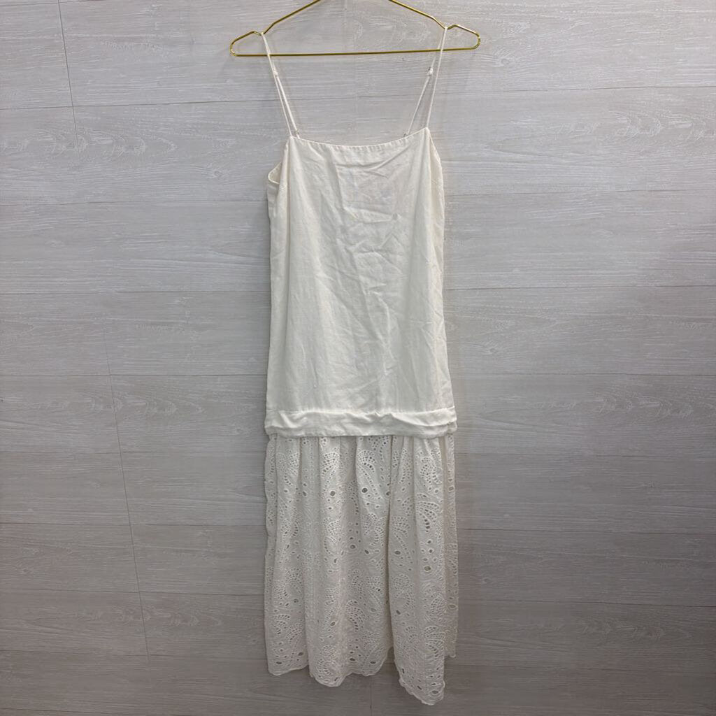 Mon Renn White Eyelet Hem Midi Dress Small