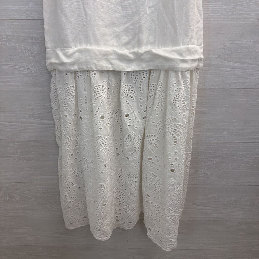 Mon Renn White Eyelet Hem Midi Dress Small