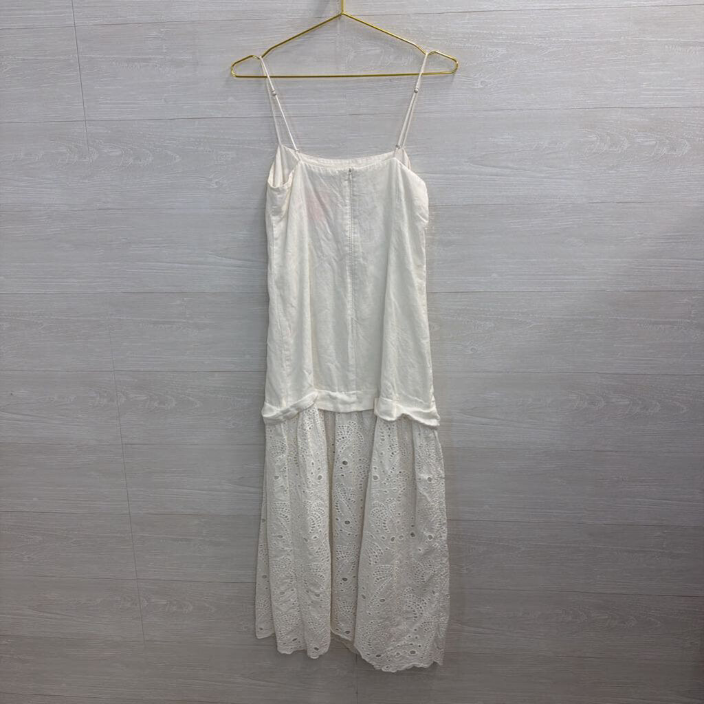 Mon Renn White Eyelet Hem Midi Dress Small