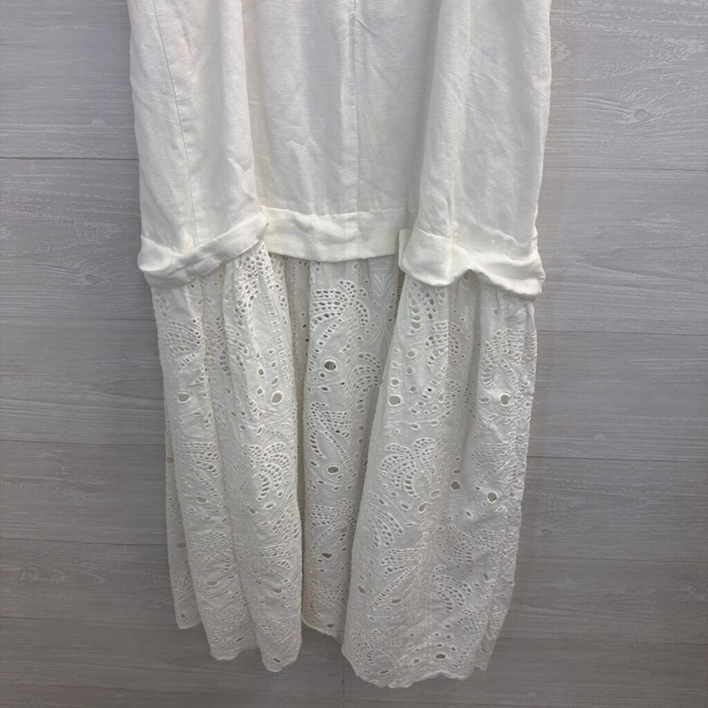 Mon Renn White Eyelet Hem Midi Dress Small