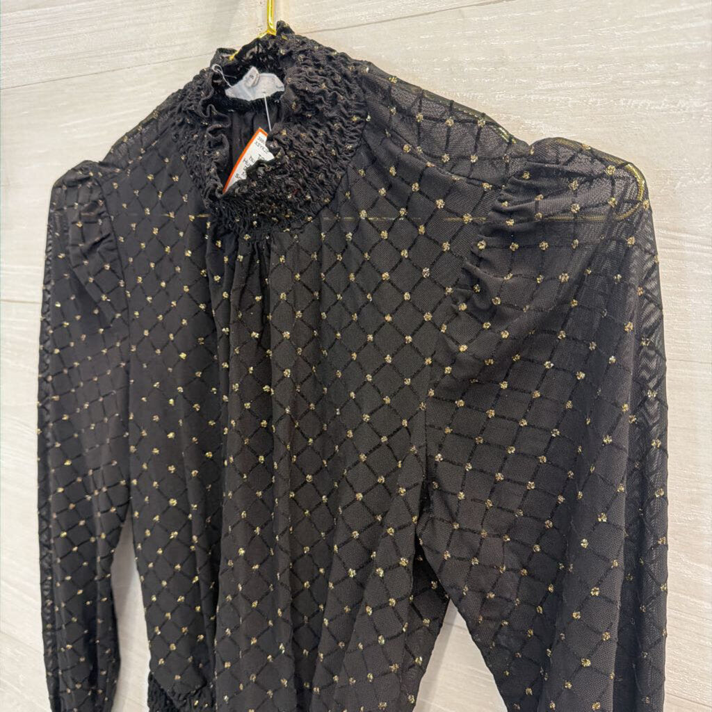 June and Hudson Black/ Gold Dot Long Sleeve Mock Neck Top Small