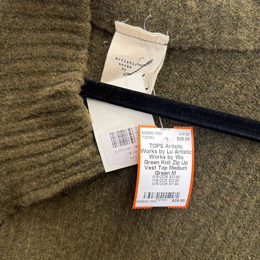 Artistic Works by Wu Green Knit Zip Up Vest Top Medium