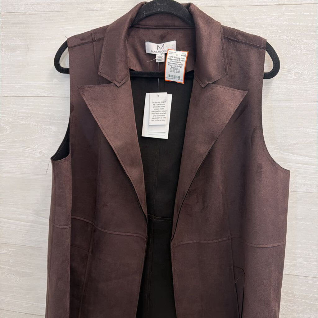 Magaschoni Brown Faux Suede Sleeveless Open Front Top Large