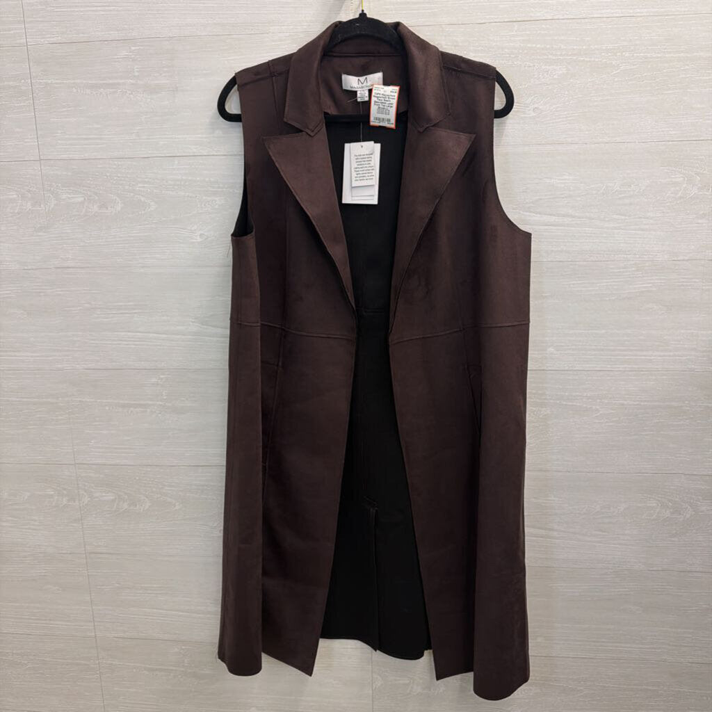 Magaschoni Brown Faux Suede Sleeveless Open Front Top Large