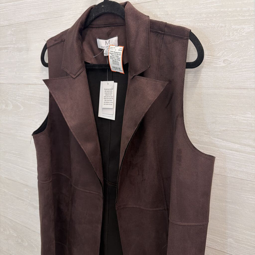 Magaschoni Brown Faux Suede Sleeveless Open Front Top Large