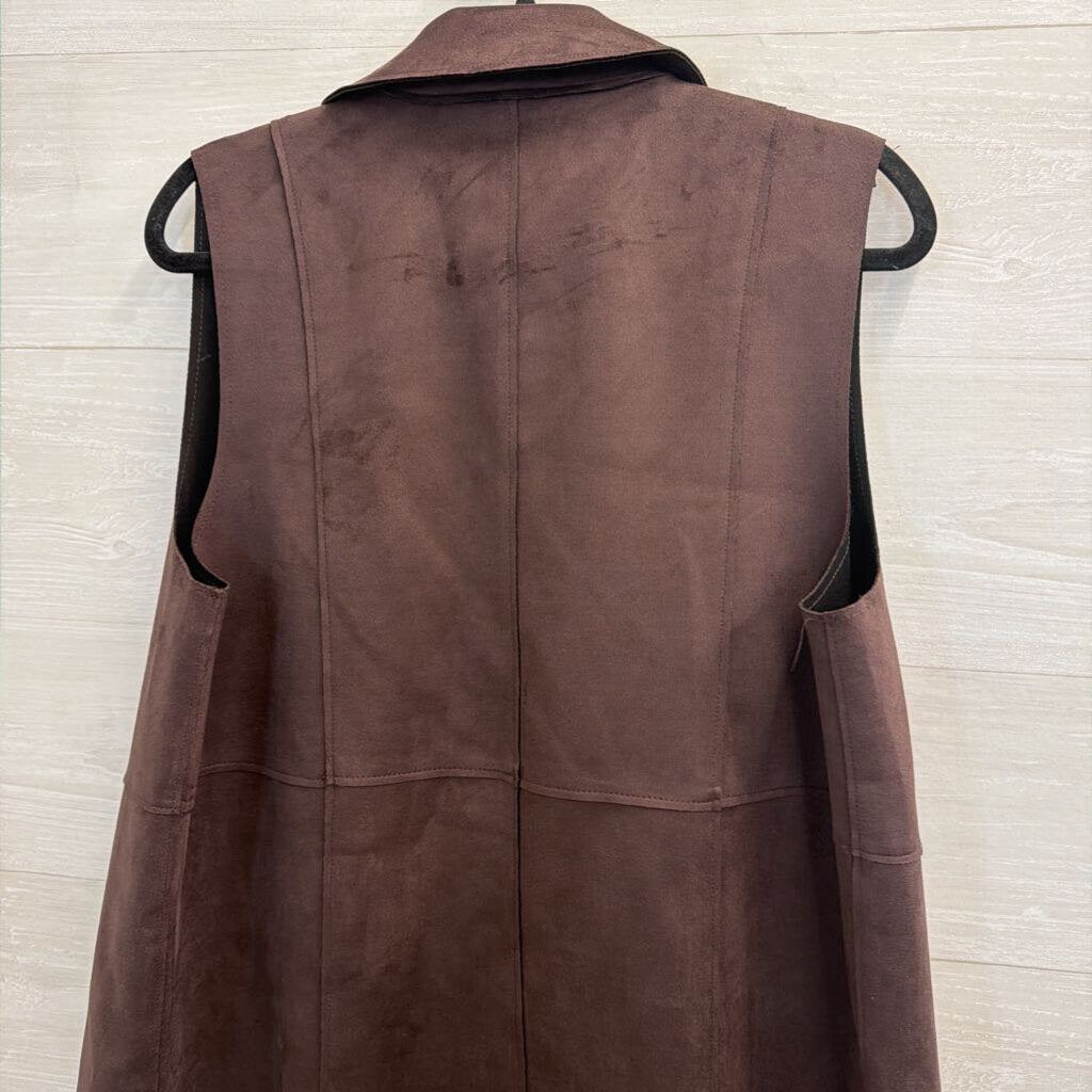 Magaschoni Brown Faux Suede Sleeveless Open Front Top Large