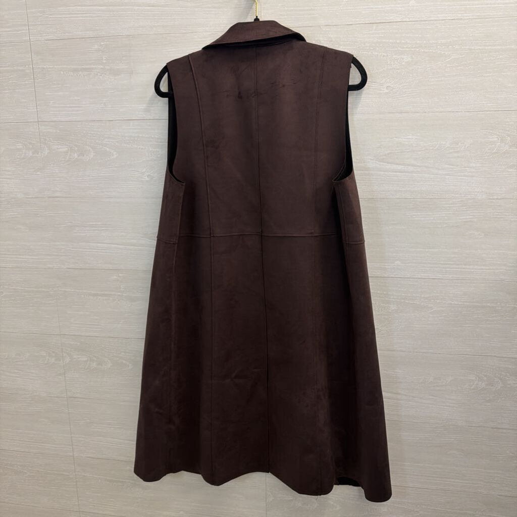 Magaschoni Brown Faux Suede Sleeveless Open Front Top Large