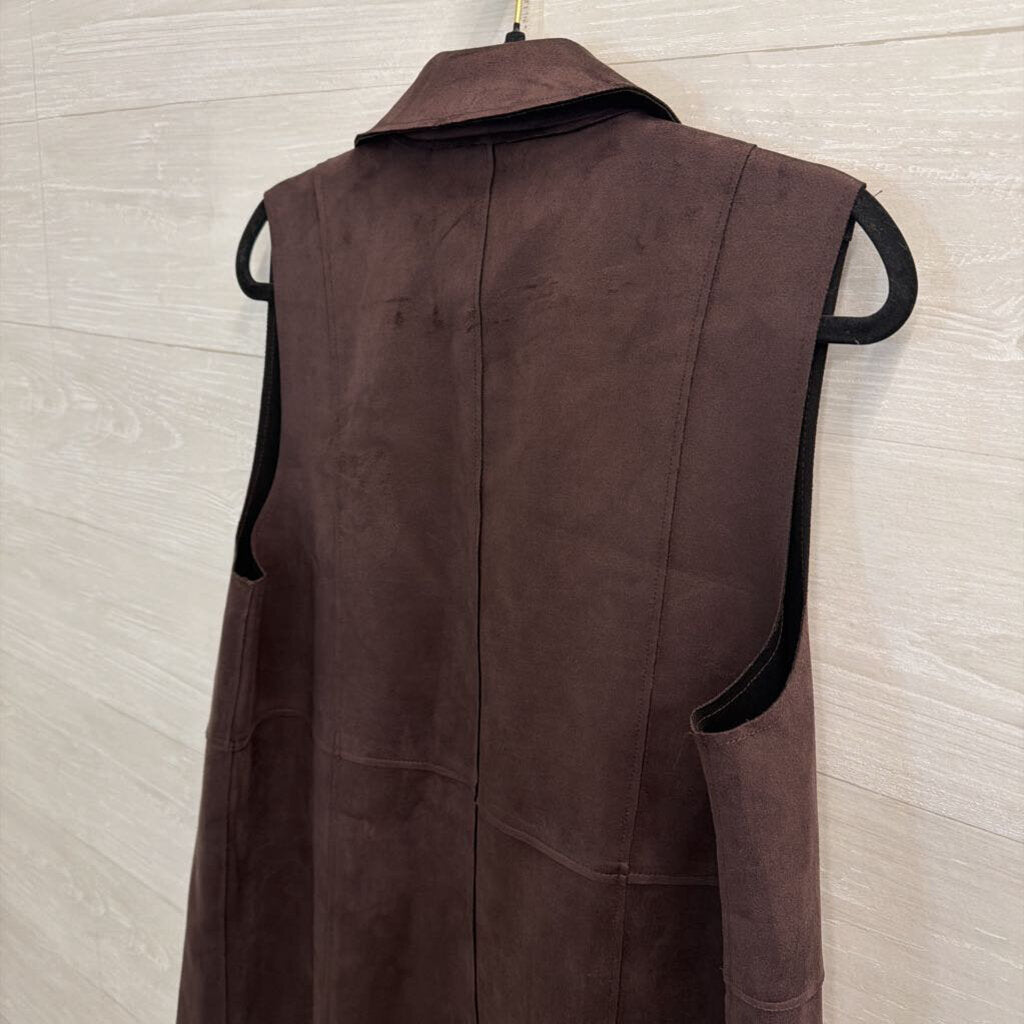 Magaschoni Brown Faux Suede Sleeveless Open Front Top Large