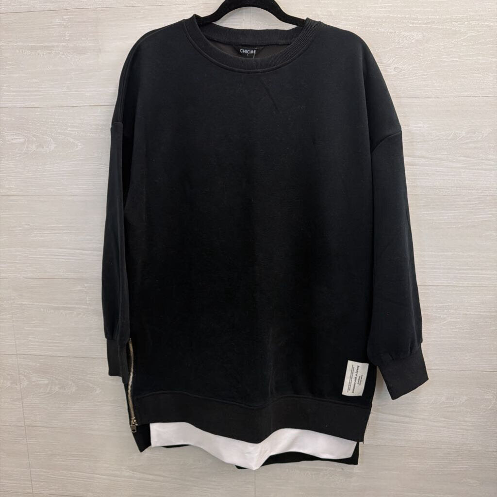 CHICME Black/ White Layered Zipper Detail Long Sleeve Top Large