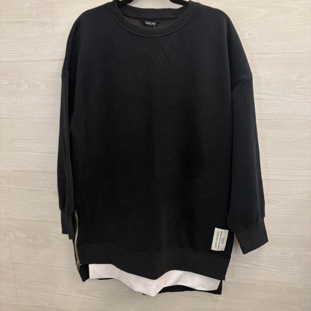 CHICME Black/ White Layered Zipper Detail Long Sleeve Top Large