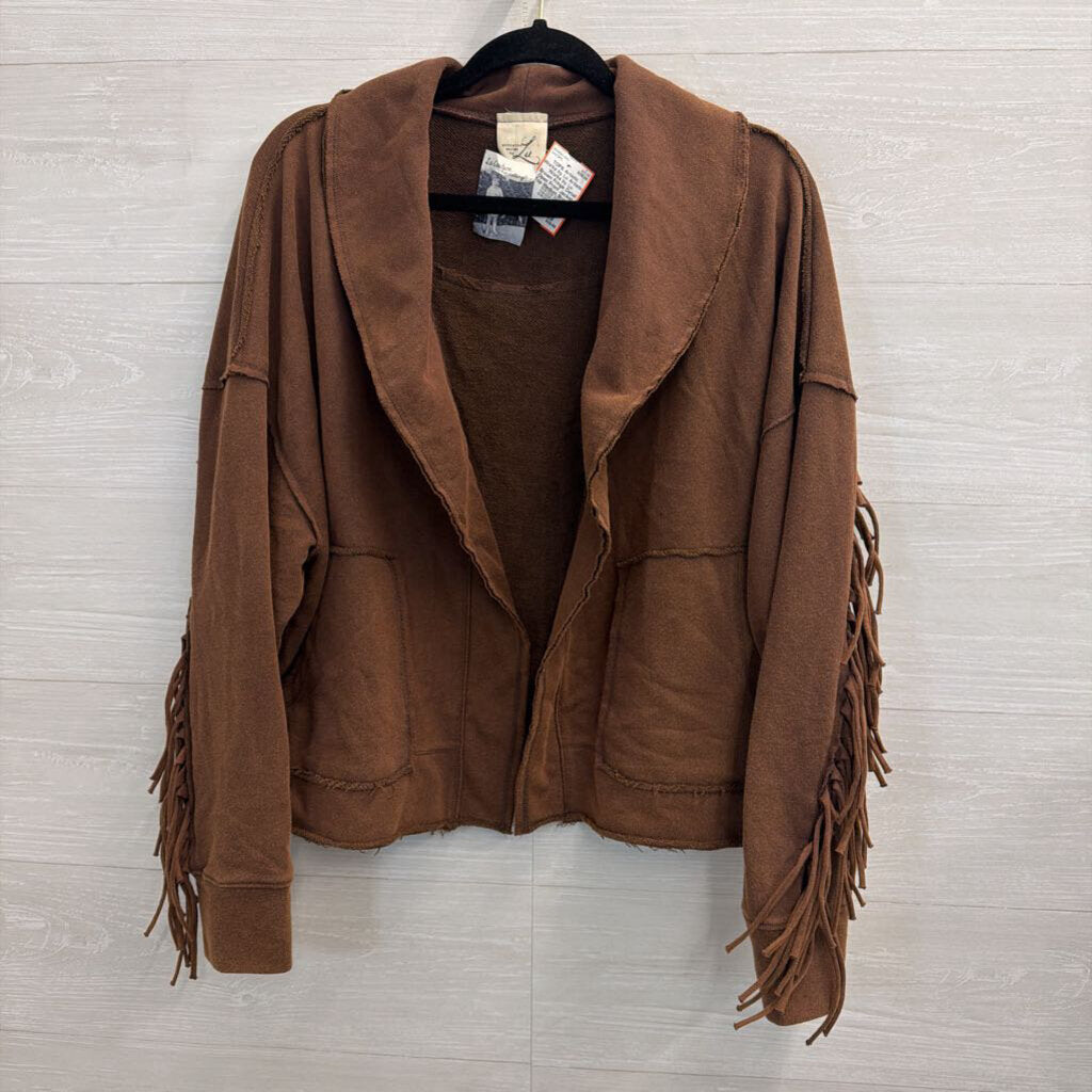 Artistic Works by Lu Brown Fringe Detail Open Front Jacket Top Medium