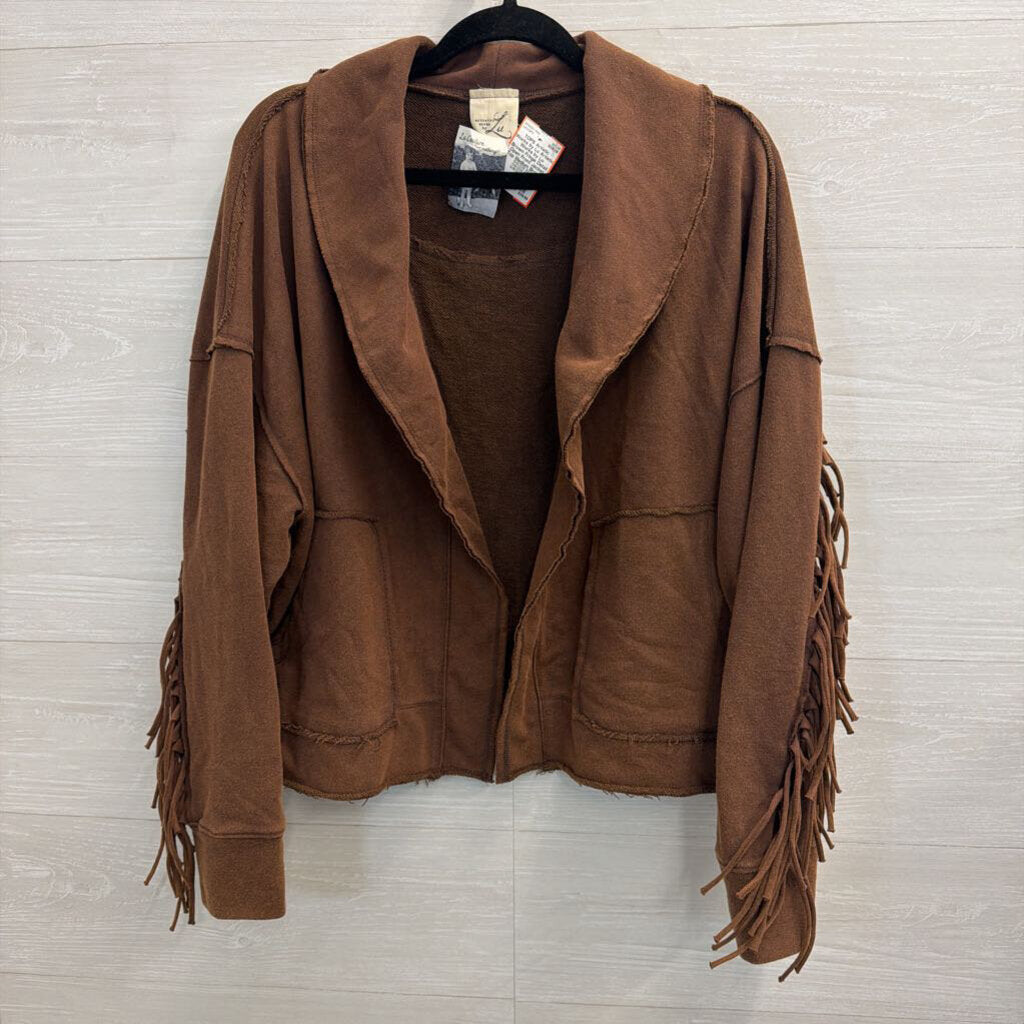Artistic Works by Lu Brown Fringe Detail Open Front Jacket Top Medium