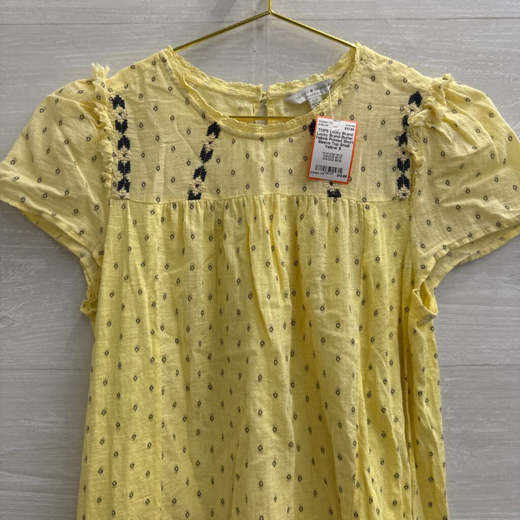 Lucky Brand Butter Yellow Printed Short Sleeve Top Small