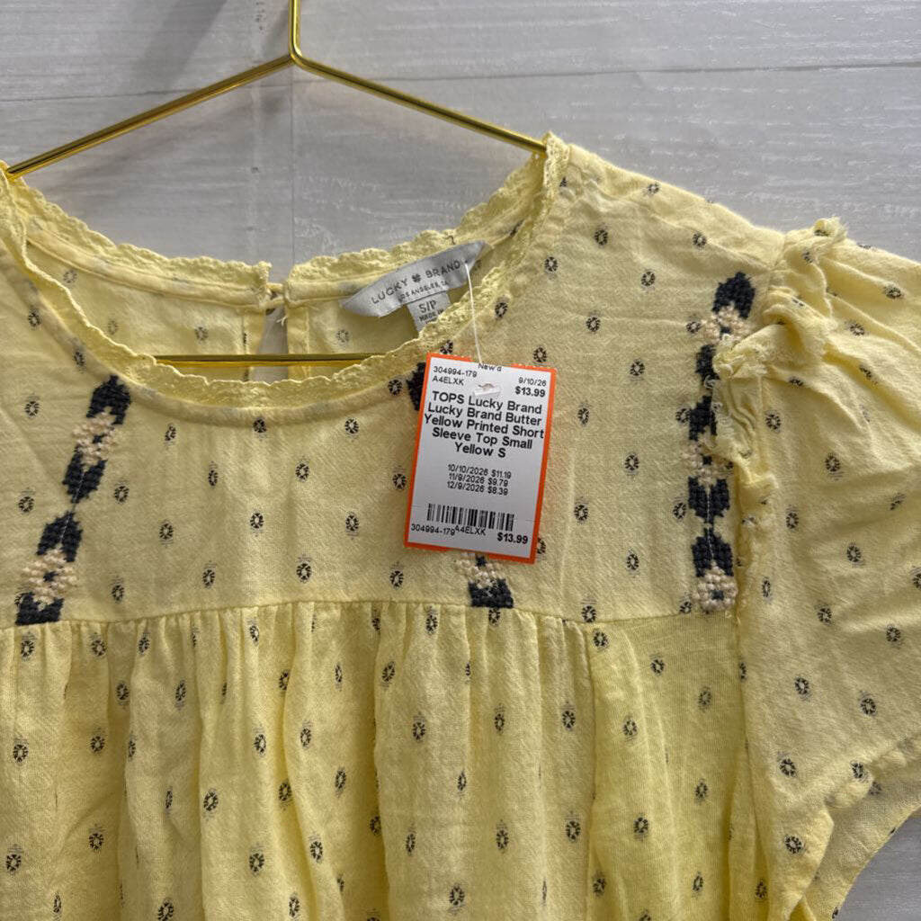 Lucky Brand Butter Yellow Printed Short Sleeve Top Small