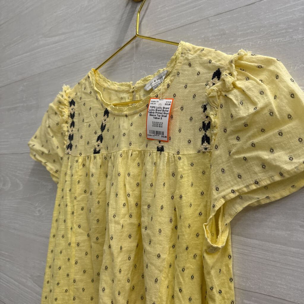 Lucky Brand Butter Yellow Printed Short Sleeve Top Small