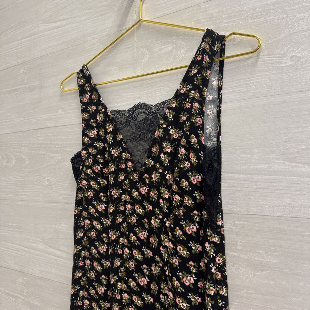 Black/ Pink Silky Floral Print Midi Dress 4